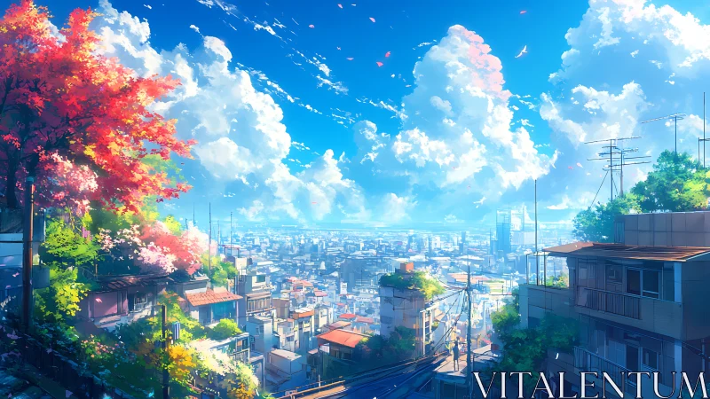 Urban hillside view under vivid summer sky from above.