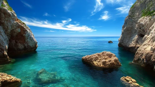 Rocky coastal inlet shows clear turquoise sea and horizon