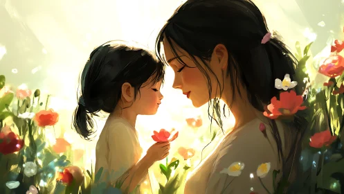 Adult and Child in Flowering Field Against Bright Sky