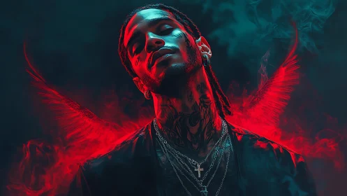 Tattooed man with red fiery wings in smoky teal scene.