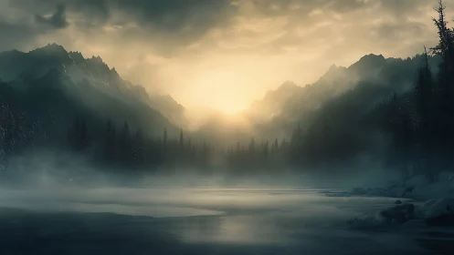 Misty mountain lake at sunrise with soft winter light.