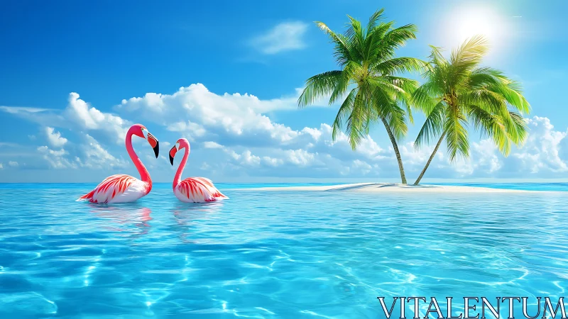 Two flamingos positioned in shallow tropical water with palm island