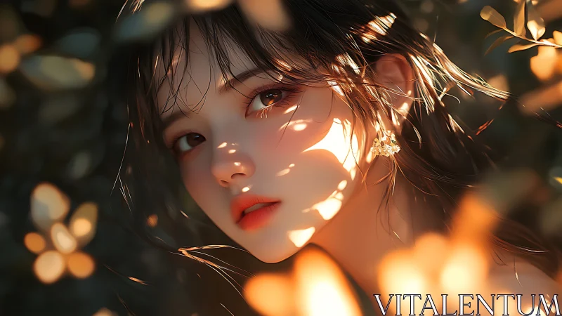 Sun-dappled daydream girl framed in glowing autumn leaves.