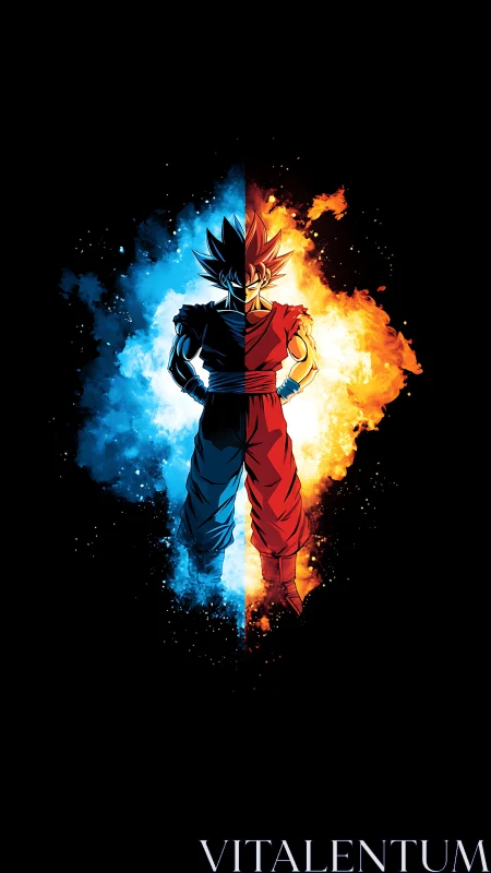 Split anime warrior with blue and orange energy flames