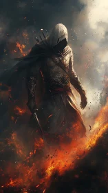 Hooded warrior strides through erupting flames in volumetric smoke