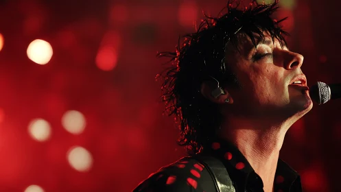 Rock vocalist sings into microphone under red stage lights