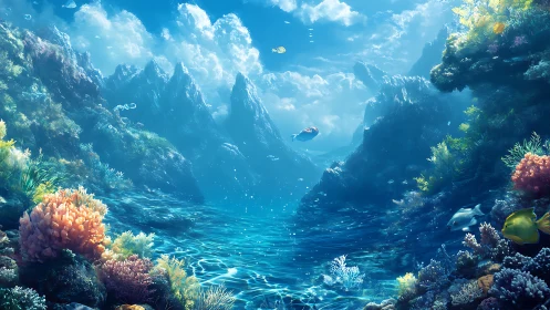 Underwater canyon scene shows coral reef and tropical fish