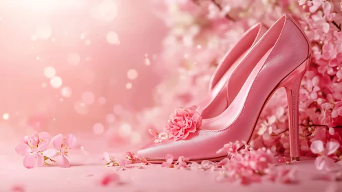 Pink satin stilettos glow amid soft cherry blossoms.
