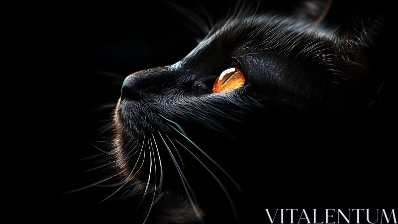 Black Cat Portrait with Luminous Amber Eyes Against Darkness