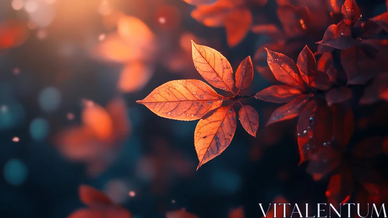 Gentle autumn leaves glowing softly in evening light.