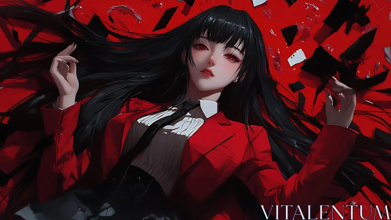 Crimson suited girl with flowing black hair on red field.