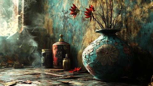 Turquoise floral vase anchors rustic sunlit still life.