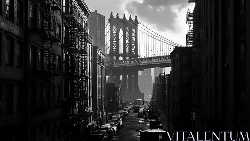 Monochrome urban bridge corridor in dramatic backlit perspective.