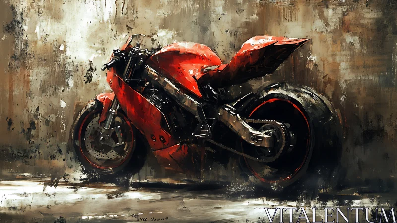 Angular red sport motorcycle rendered with gritty textured brushwork