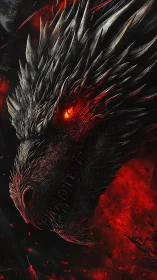 Dark spiked dragon head with glowing red eye in firestorm.