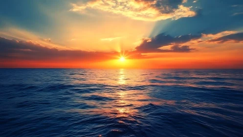 Sunlit horizon where gentle waves meet glowing sky.
