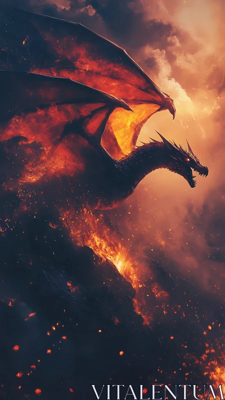 Inferno-winged dragon carving firepaths through stormed sky.