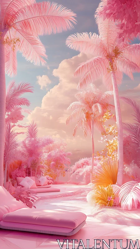 Monochrome pink palm terrace with loungers and pathway.