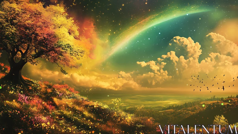 Celestial meadow dreaming beneath a flaming aurora sky.