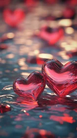 Glass hearts with light refraction and bokeh background blur