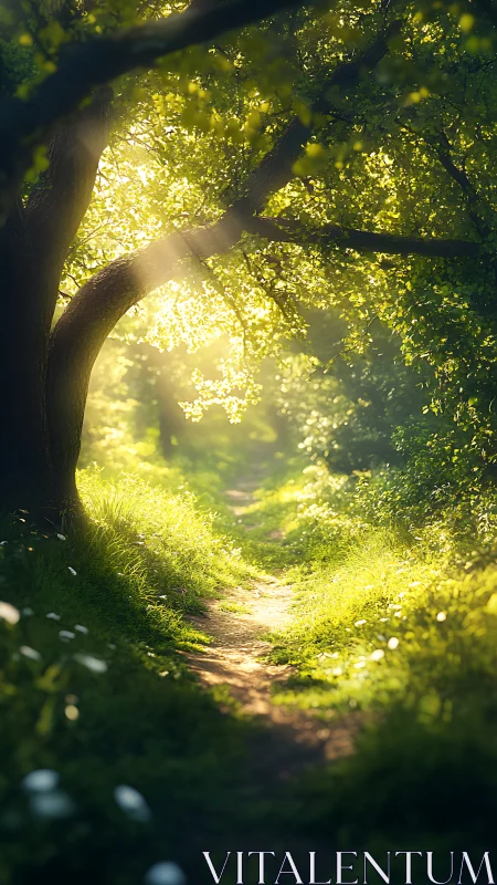 Golden sunlight filters through a verdant forest tunnel