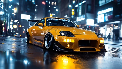 Low-slung yellow tuner car prowls a neon-soaked rainy city