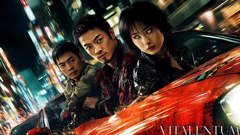 Neon night pursuit with cyber-enhanced trio in red car.