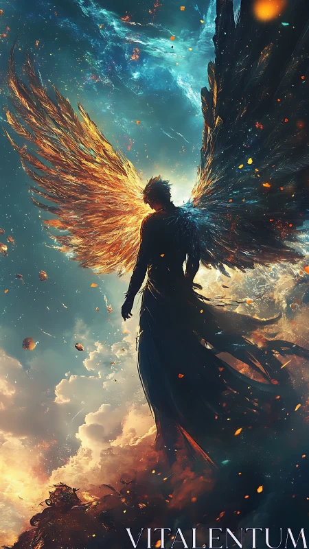 Celestial seraph rises through cosmic storm of fire and light.