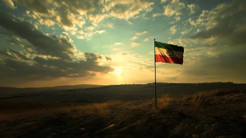Sunlit tricolor flag over distant hills at dramatic sunset.