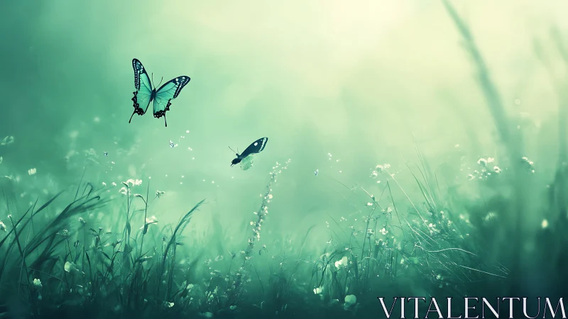 Delicate Butterflies in Dreamy Meadow Landscape, Soft Focus Style.