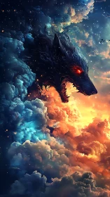 Celestial wolf silhouette emerges from turbulent bifurcated nebula