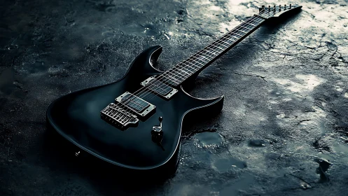 Sleek black electric guitar rests on textured concrete floor.