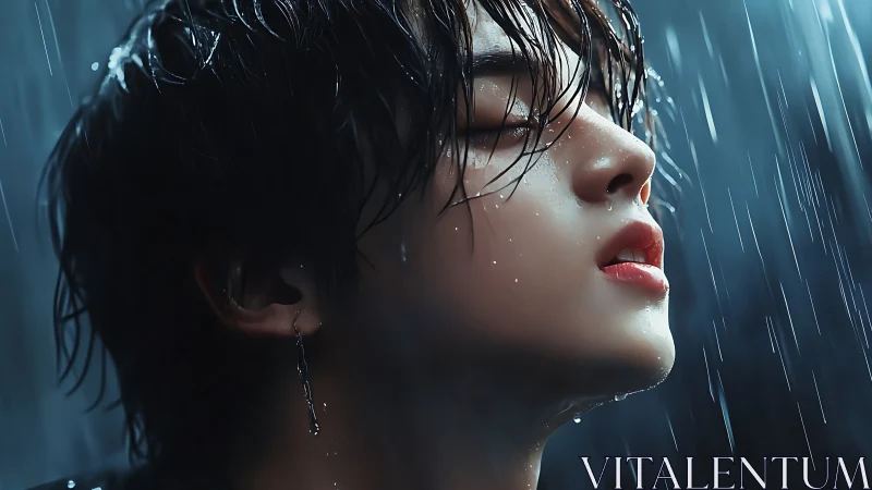 Side profile portrait of wet person under heavy rain