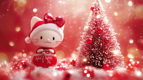 3D kawaii Christmas cat figurine with stylized red tree.