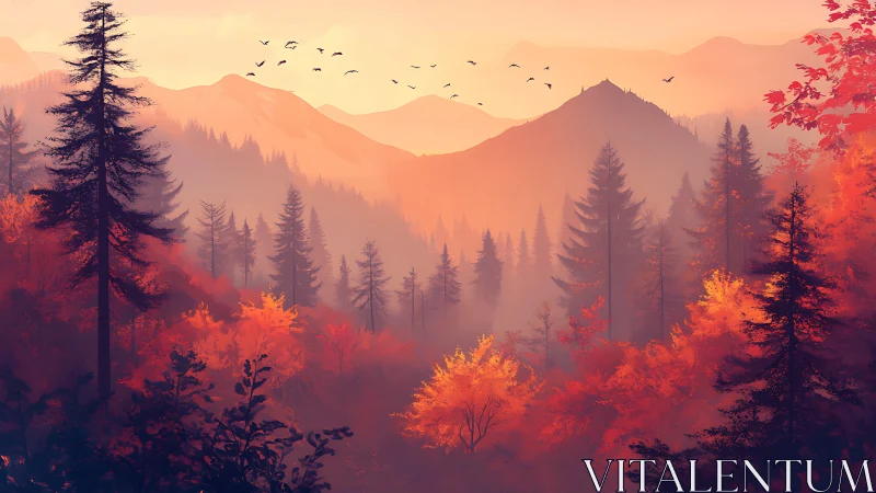 Autumn's Fiery Embrace: Misty Mountain Forest Ablaze
