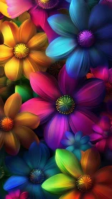 Vibrant Digital Flowers with Radiant Striped Petals and Glowing Centers