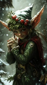 Playful winter elf with berry crown in a snowy forest.