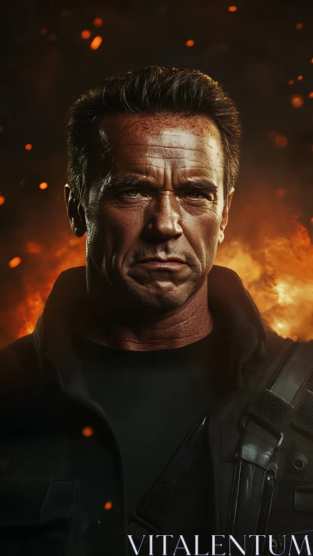 Battle-hardened soldier before blazing inferno backdrop.