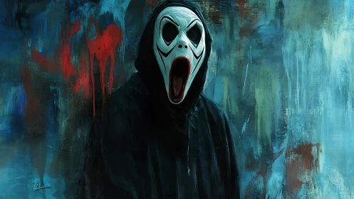 Hooded horror figure with screaming mask against smeared wall.