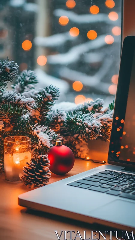Snowy Christmas desk scene frames warm laptop workspace