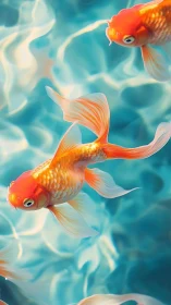 Goldfish swim in clear turquoise water with soft lighting