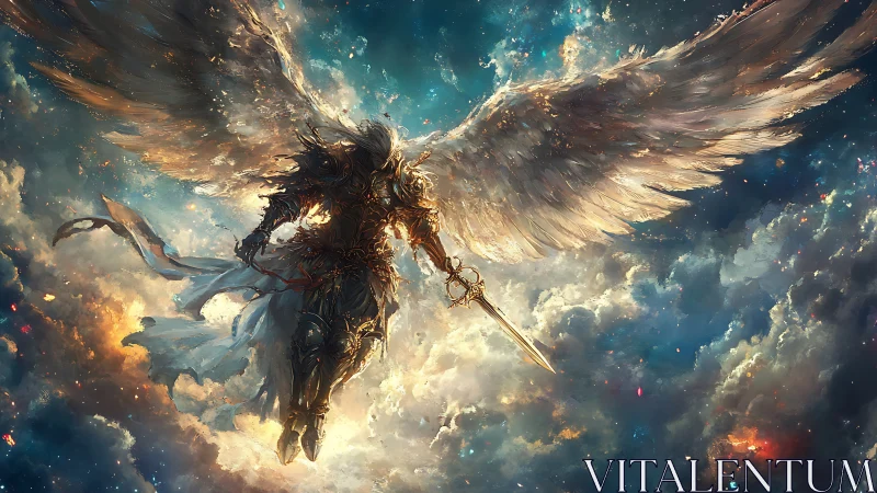 Armored seraph descends through blazing celestial storm.