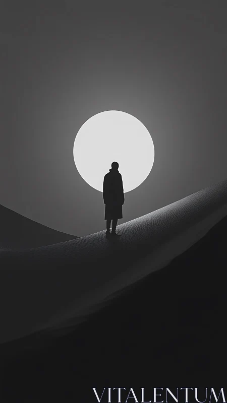 Silhouetted figure on dune against oversized backlit moon