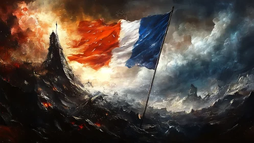 French flag rising over dark stormy battlefield landscape.