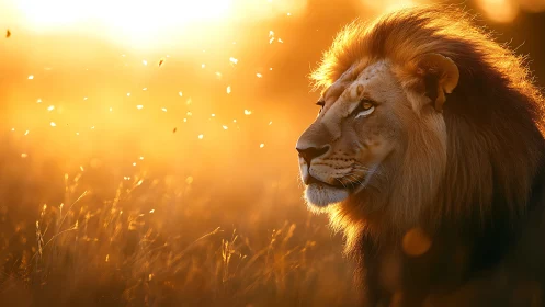 Golden evening lion gazes calmly across glowing savanna