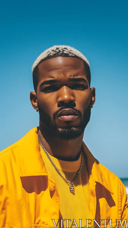 Man in yellow jacket under clear blue coastal sky.
