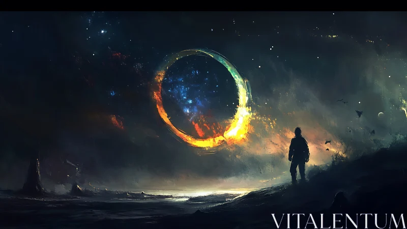 Solitary figure observes burning cosmic portal over horizon