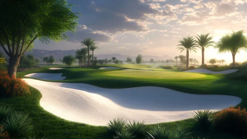 Desert golf course fairway glows under warm sunset light