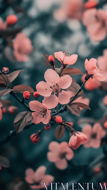 Pink blossoms on dark teal backdrop with bokeh depth.