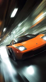Orange supercar in tunnel with dynamic motion blur rendering.